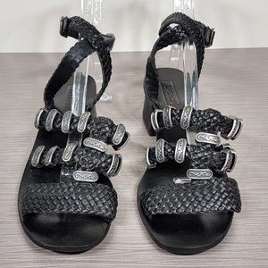 Top Shop Black Braided Leather Sandals With Metal Decals Womens Size 7 / 37